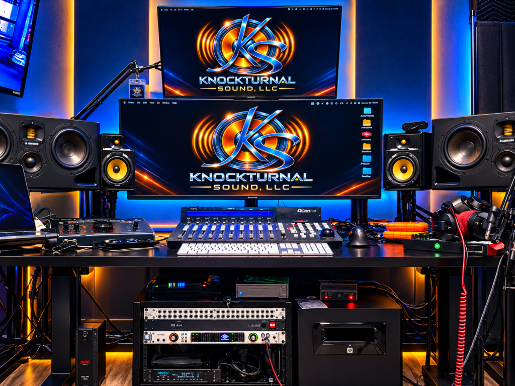 The Knockturnal Sound mixing studio with the KS logo on the monitors