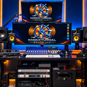 The Knockturnal Sound mixing studio with the KS logo on the monitors