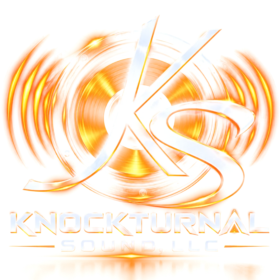 Knockturnal Sound, LLC logo: chrome KS monogram over a glowing amber speaker cone